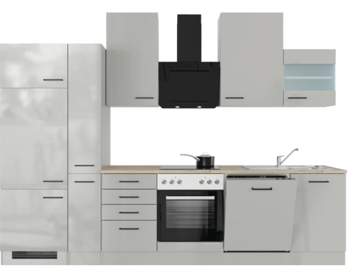 Moderne keukenopstelling met keukenkasten, afzuigkap, fornuis en vaatwasser