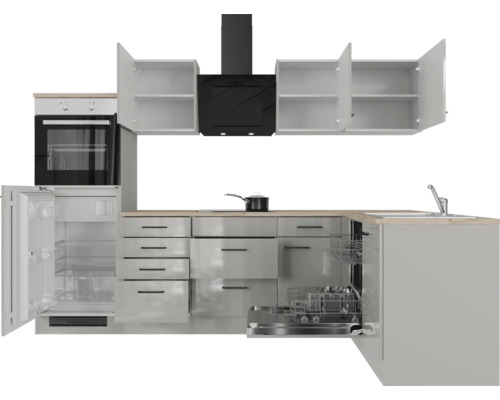 Keukenblok met apparatuur, spoelbak, vaatwasser, koelkast, fornuis en afzuigkap.