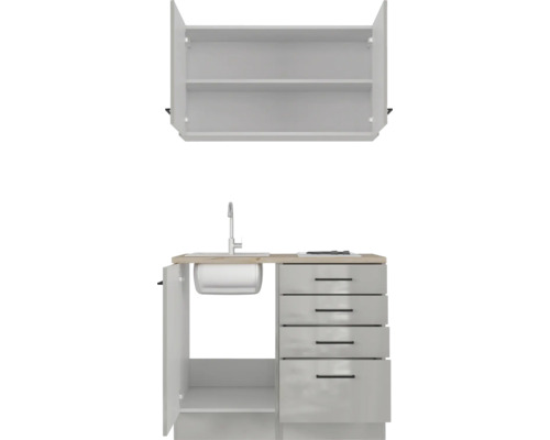 Compacte kitchenette met spoelbak, kraan, lades en hangkast