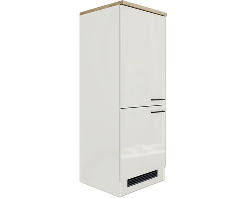 Hoge, witte keukenkast met houten blad