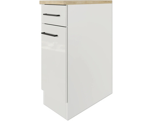 Witte onderkast met twee laden en een houten blad