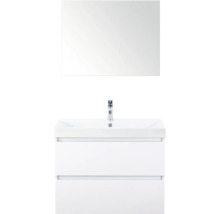 Witte wastafelmeubel met wasbak, kraan en spiegel voor de badkamer