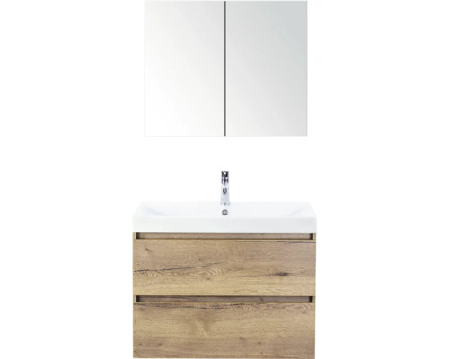 SANOX Badkamermeubelset Maxx XL met spiegelkast en wastafel 81 cm natuur eiken Wastafelcombinatie met spiegelkast en twee lades