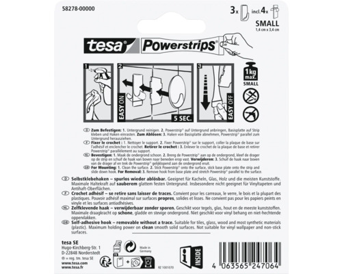 Tesa Powerstrips, drie haken inclusief vier plakstrips, klein formaat