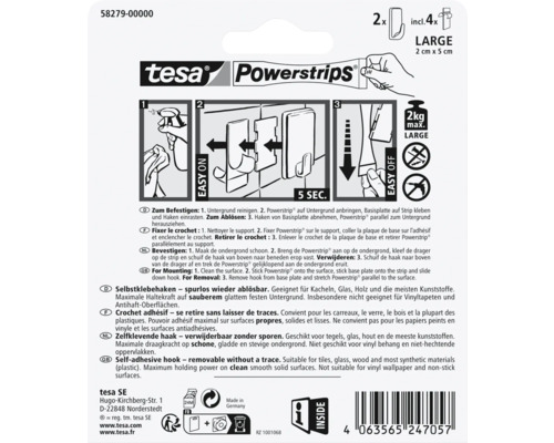 Tesa Powerstrips haken, twee stuks, inclusief vier plakstrips, grote uitvoering