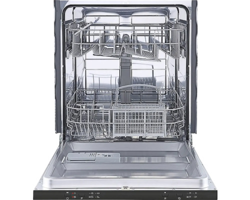 Geopende vaatwasser met bestekmand en vaatwaskorven