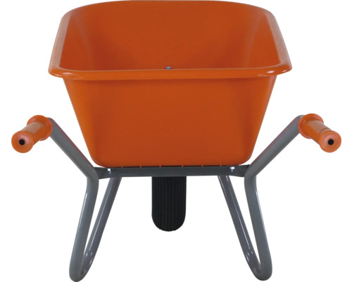 Oranje kruiwagen met stalen frame en één wiel