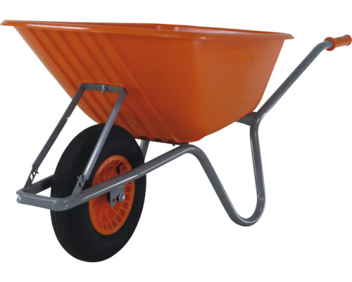 Oranje kruiwagen met één wiel en stalen frame