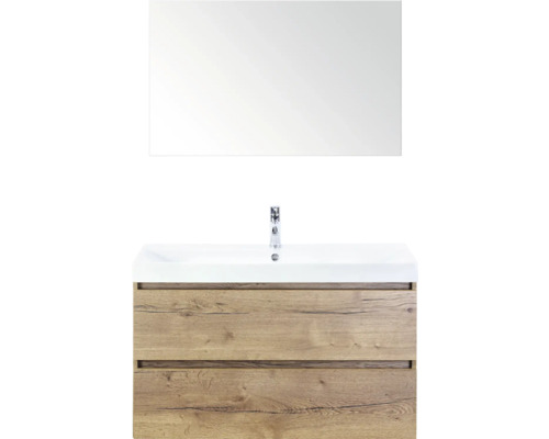 SANOX Badkamermeubelset Maxx XL met spiegel en wastafel 101 cm natuur eiken Wastafelcombinatie met spiegel, wastafel en onderkast met twee laden in houtdesign voor de badkamer.