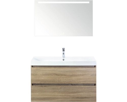 SANOX Badkamermeubelset Maxx XL met spiegelkast en wastafel 101 cm grijs eiken Wastafelmeubel met spiegel en verlichting voor de badkamer