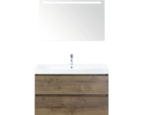 SANOX Badkamermeubelset Maxx XL met spiegelkast en wastafel 101 cm tabacco Wastafelmeubel met onderkast en spiegel met verlichting