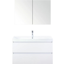 Witte wastafel met twee lades en spiegelkast