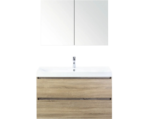 SANOX Badkamermeubelset Maxx XL met spiegelkast en wastafel 101 cm grijs eiken Wastafel met onderkast en spiegelkast voor de badkamer