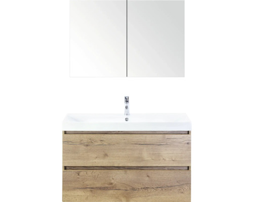 SANOX Badkamermeubelset Maxx XL met spiegelkast en wastafel 101 cm natuur eiken Wastafelcombinatie met spiegelkast, wastafel en onderkast met twee lades