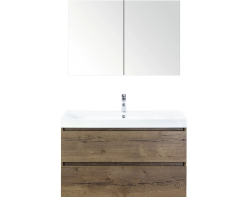 SANOX Badkamermeubelset Maxx XL met spiegelkast en wastafel 101 cm tabacco Wastafelmeubel met spiegel, wastafel en onderkast met twee laden in houtlook