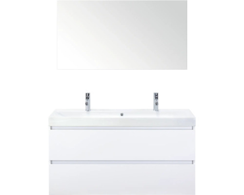 SANOX Badkamermeubelset Maxx XL met spiegel en wastafel 121 cm wit hoogglans Witte wastafelonderkast met twee laden, dubbele wastafel en spiegel