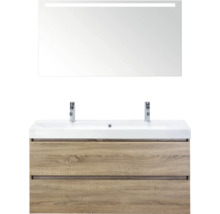 Wastafel met twee waskommen, onderkast en spiegel met verlichting voor de badkamer