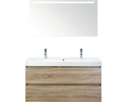 SANOX Badkamermeubelset Maxx XL met spiegelkast en wastafel 121 cm grijs eiken Wastafel met twee waskommen, onderkast en spiegel met verlichting voor de badkamer