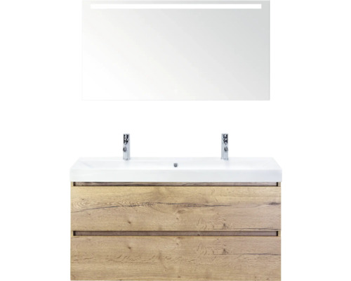 SANOX Badkamermeubelset Maxx XL met spiegelkast en wastafel 121 cm natuur eiken Wastafelmeubel met spiegel en twee lades