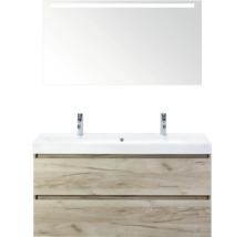 Wastafelmeubel met dubbele wastafel, onderkast met houtlook en verlichte spiegel