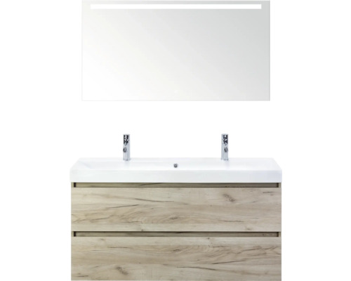 SANOX Badkamermeubelset Maxx XL met spiegelkast en wastafel 121 cm craft oak Wastafelmeubel met dubbele wastafel, onderkast met houtlook en verlichte spiegel