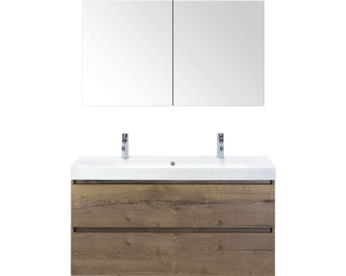 SANOX Badkamermeubelset Maxx XL met spiegelkast en wastafel 121 cm tabacco Wastafelcombinatie met spiegelkast en onderkast met twee laden