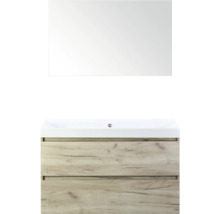 Wastafel met spiegel en onderkast met twee lades in houten decor