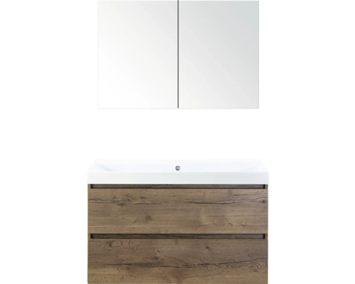 SANOX Badkamermeubelset Maxx XL met spiegelkast en wastafel 101 cm tabacco Wastafelcombinatie met spiegelkast en twee lades in houtdesign voor de badkamer