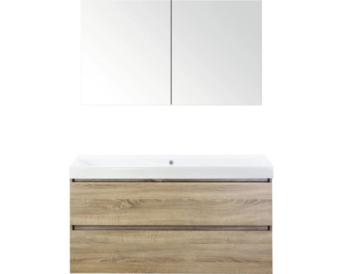 SANOX Badkamermeubelset Maxx XL met spiegelkast en wastafel 121 cm grijs eiken Wastafelmeubel met spiegelkast en twee lades