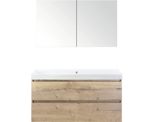 SANOX Badkamermeubelset Maxx XL met spiegelkast en wastafel 121 cm natuur eiken Wastafelmeubel met spiegel, houtstructuur en twee laden voor de badkamer