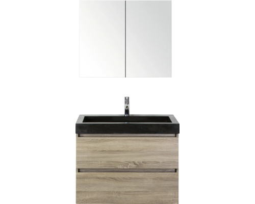 SANOX Badkamermeubelset Maxx XL met spiegelkast en wastafel 81 cm grijs eiken Wastafel met spiegel en onderkast voor de badkamer