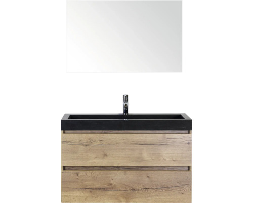 SANOX Badkamermeubelset Maxx XL met spiegel en wastafel 101 cm natuur eiken Wastafelmeubel met spiegel, houtlook en zwart werkblad voor de badkamer