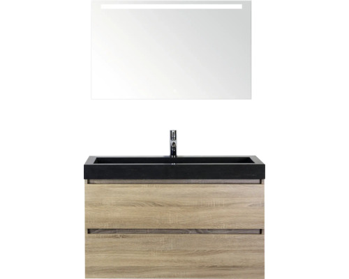 SANOX Badkamermeubelset Maxx XL met spiegelkast en wastafel 101 cm grijs eiken Wastafelcombinatie met spiegel, wastafelonderkast en kraan