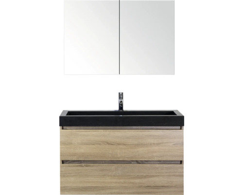 SANOX Badkamermeubelset Maxx XL met spiegelkast en wastafel 101 cm grijs eiken Wastafelcombinatie met spiegelkast, onderkast met lades en wastafel