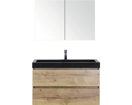 SANOX Badkamermeubelset Maxx XL met spiegelkast en wastafel 101 cm natuur eiken Wastafelcombinatie met spiegelkast, wastafelonderkast met lades en kraan