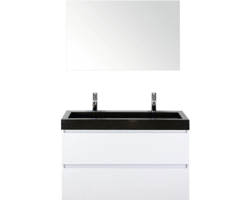 SANOX Badkamermeubelset Maxx XL met spiegel en wastafel 101 cm wit hoogglans Wastafelmeubel met twee wastafels, kranen en spiegel