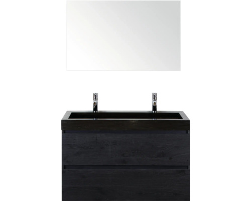 SANOX Badkamermeubelset Maxx XL met spiegel en wastafel 101 cm black oak Wastafel met twee waskommen, onderkast en spiegel voor de badkamer