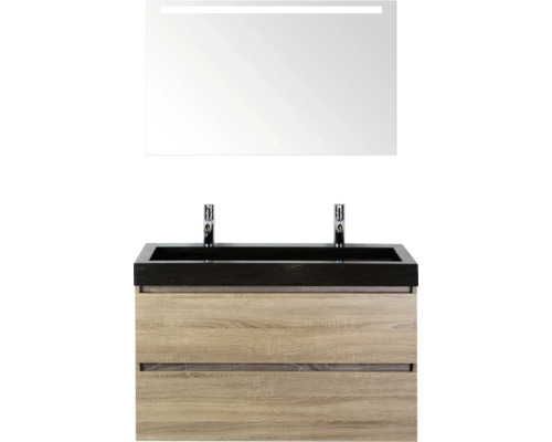 SANOX Badkamermeubelset Maxx XL met spiegelkast en wastafel 101 cm grijs eiken Wastafelcombinatie met spiegel en twee kranen