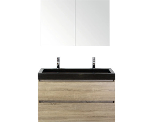 SANOX Badkamermeubelset Maxx XL met spiegelkast en wastafel 101 cm grijs eiken Wastafelmeubel met twee laden, opzetwastafel en spiegelkast voor de badkamer