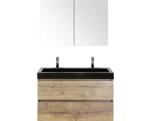 SANOX Badkamermeubelset Maxx XL met spiegelkast en wastafel 101 cm natuur eiken Wastafelcombinatie met spiegelkast en twee laden