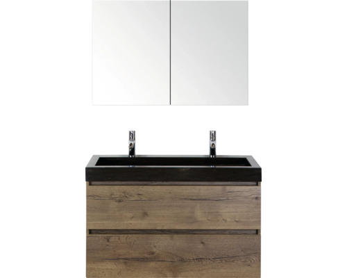 SANOX Badkamermeubelset Maxx XL met spiegelkast en wastafel 101 cm tabacco Wastafelcombinatie met spiegelkast, twee wastafels en twee laden