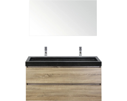 SANOX Badkamermeubelset Maxx XL met spiegel en wastafel 121 cm grijs eiken Wastafelcombinatie met spiegel, onderkast, wastafel en twee kranen