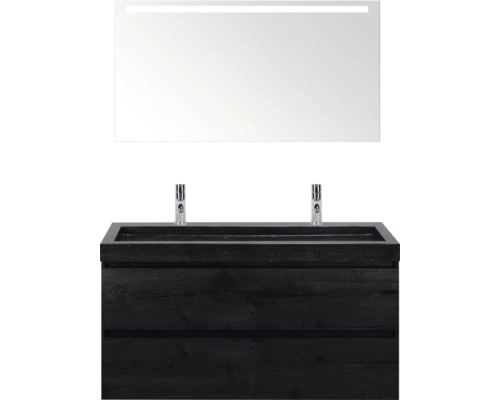 SANOX Badkamermeubelset Maxx XL met spiegelkast en wastafel 121 cm black oak Badkamermeubelset met wastafelonderkast, wastafel en spiegel met verlichting voor de badkamer