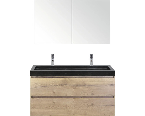 SANOX Badkamermeubelset Maxx XL met spiegelkast en wastafel 121 cm natuur eiken Wastafelcombinatie met spiegelkast en twee lades