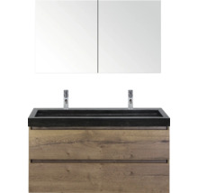 Wastafelcombinatie met spiegelkast, wastafel, kranen en houten onderkast