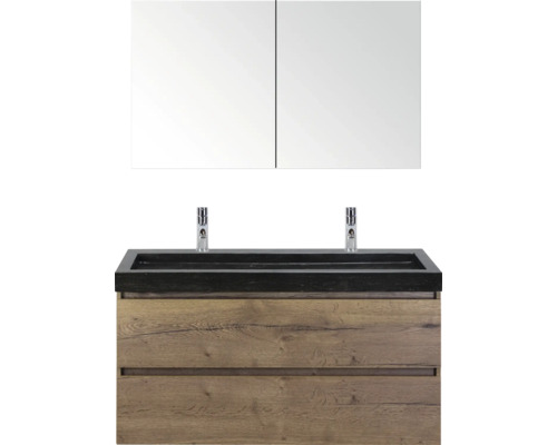 SANOX Badkamermeubelset Maxx XL met spiegelkast en wastafel 121 cm tabacco Wastafelcombinatie met spiegelkast, wastafel, kranen en houten onderkast