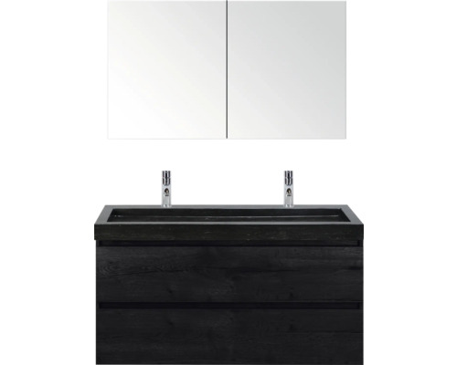 SANOX Badkamermeubelset Maxx XL met spiegelkast en wastafel 121 cm black oak Wastafelonderkast met dubbele wastafel en spiegelkast voor badkamer