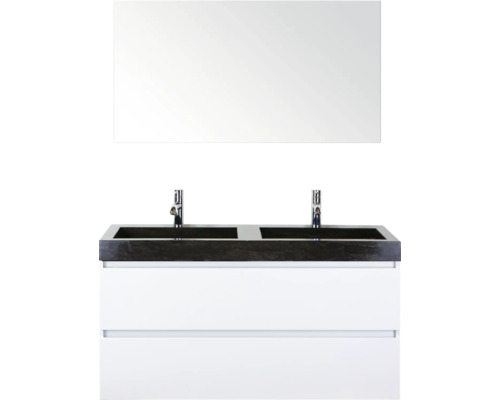 SANOX Badkamermeubelset Maxx XL met spiegel en wastafel 121 cm wit hoogglans Wastafelmeubel met twee wastafels, onderkast en spiegel voor de badkamer