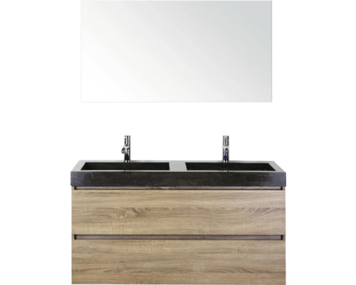 SANOX Badkamermeubelset Maxx XL met spiegel en wastafel 121 cm grijs eiken Wastafelmeubel met twee wastafels, kranen, onderkast en spiegel
