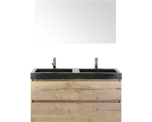 SANOX Badkamermeubelset Maxx XL met spiegel en wastafel 121 cm natuur eiken Wastafelmeubel met twee wastafels, spiegel en onderkast met twee lades